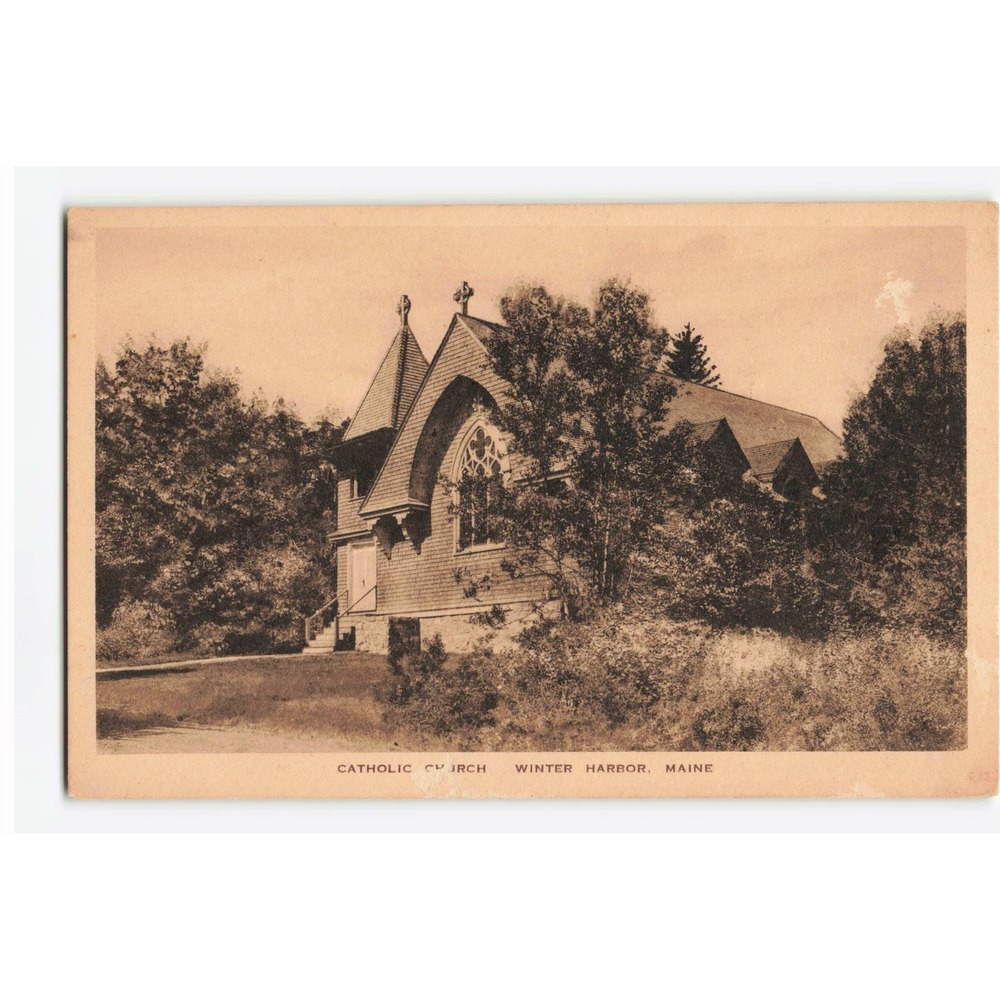 Catholic Church Winter Harbor Maine ME J M Gerrish Albertype Sepia Postcard - Picture 1 of 2